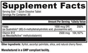 Folato y B12 masticables de acción rápida, metilados específicamente para su uso con mutaciones MTHFR.  De acción rápida y genial para llevar en el bolso para un alivio rápido.